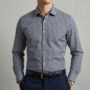 Bugatchi Mens Large Gray Plaid Button Up Shirt Long Sleeve Classic Fit Cotton